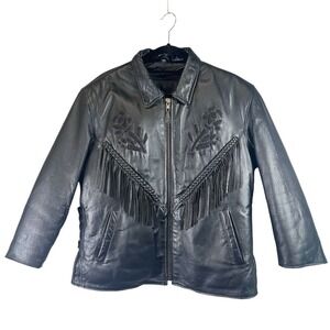USA Bikers Dream Women's 2XL Black Leather Fringe Western Jacket Motorcycle XXL‎